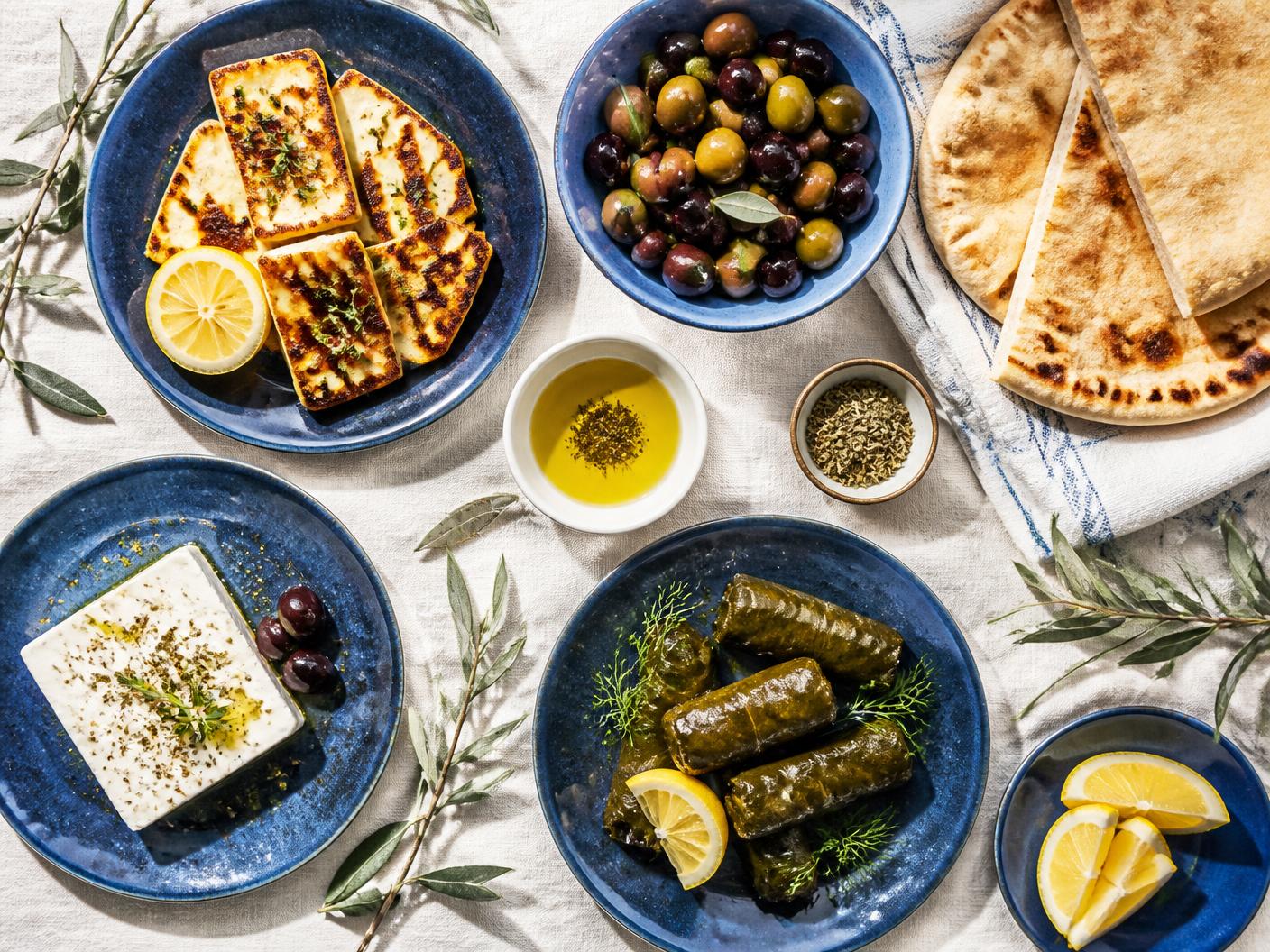 Overhead Greek mezze spread with halloumi, olives, feta, dolmades and pita on blue plates
