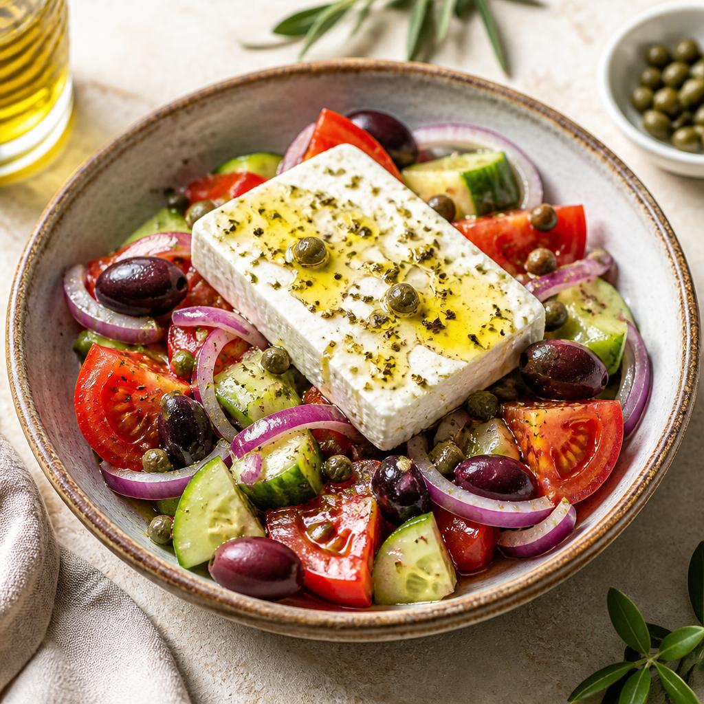 Greek salad with tomato, cucumber, olives and a slab of feta