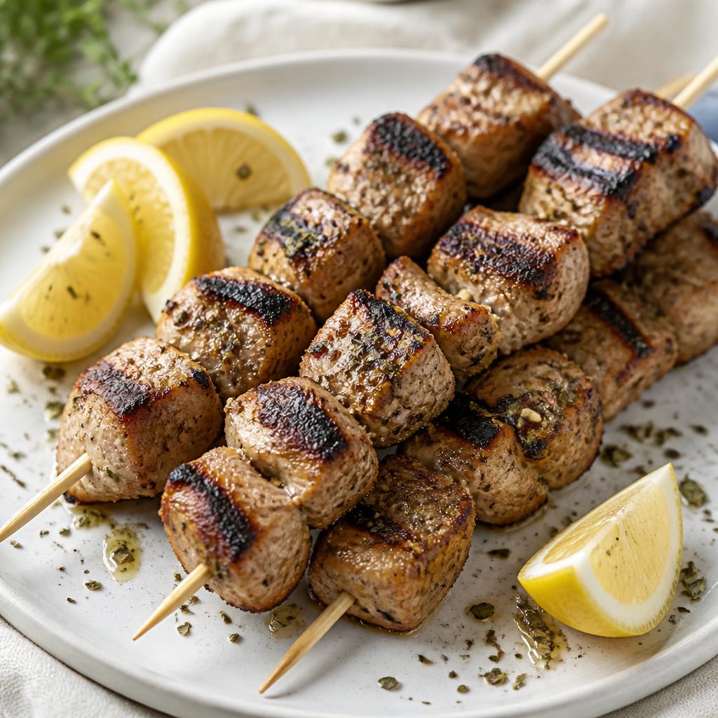 Grilled pork souvlaki skewers with lemon on a white plate