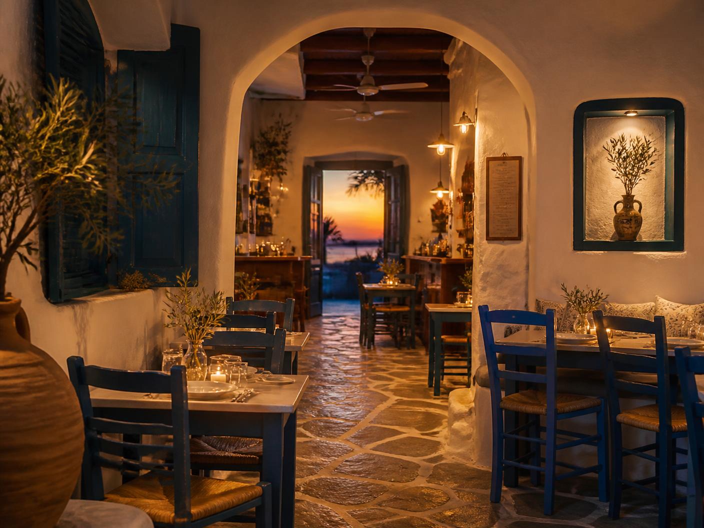 Warm Greek taverna interior with whitewashed walls, blue chairs and candlelit tables