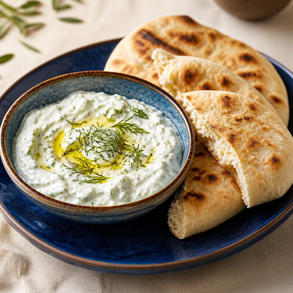 Bowl of tzatziki with dill and olive oil beside warm pita bread